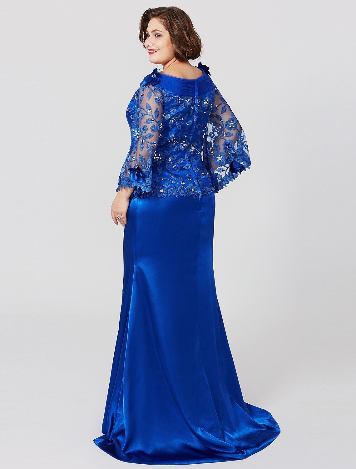 Vestido de sirena/trompeta para madre de la novia, formal, talla grande, elegante, escote barco, cola larga, encaje charmeuse, manga larga, sin mangas, con pliegues y volantes