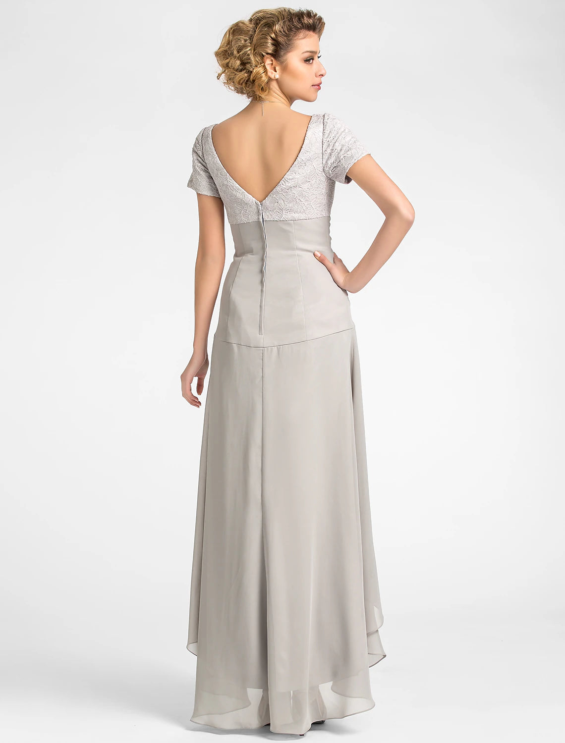 Abito da madre della sposa a trapezio con scollo a V asimmetrico, in chiffon, a maniche corte, con pieghe e fiori