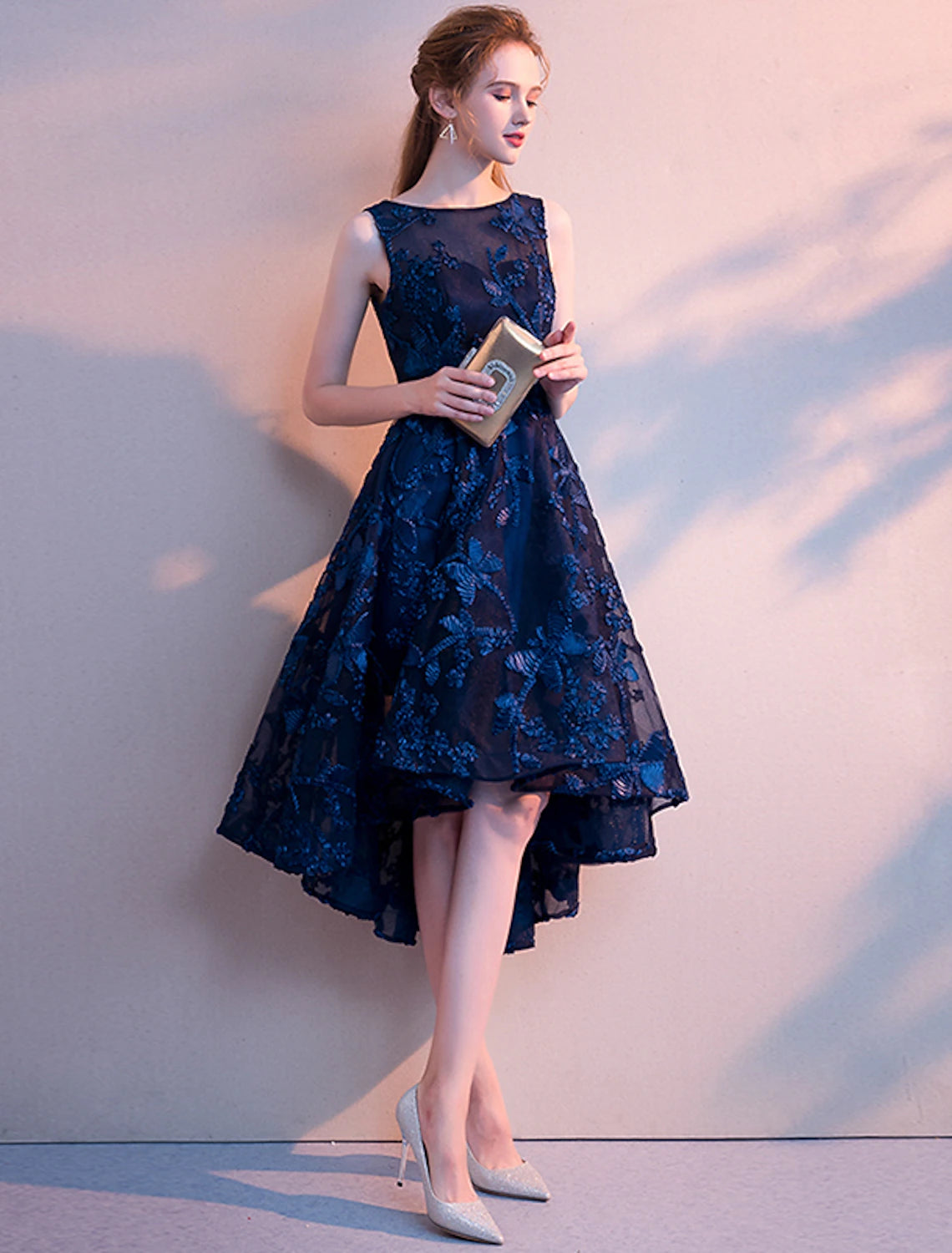 Dark Navy Mesh A-Line High-Low Dress with Intricate Floral Embroidery