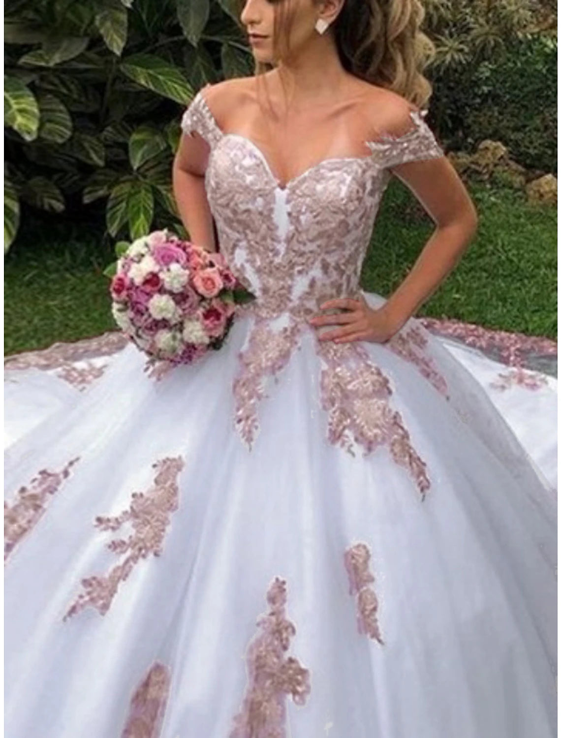 Vestidos de novia formales, vestido de baile, hombros descubiertos, manga corta, cola de corte, vestidos de novia de encaje con pliegues
