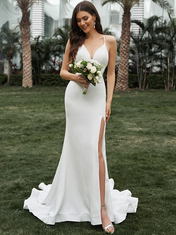 Sheath/Column  Crepe Ruffles Halter Sleeveless Sweep/Brush Train Wedding Dresses