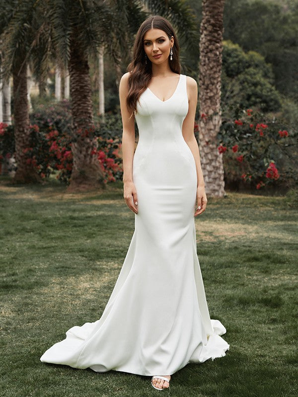 Sheath/Column Sleeveless  Crepe V-neck Ruffles Sweep/Brush Train Wedding Dresses