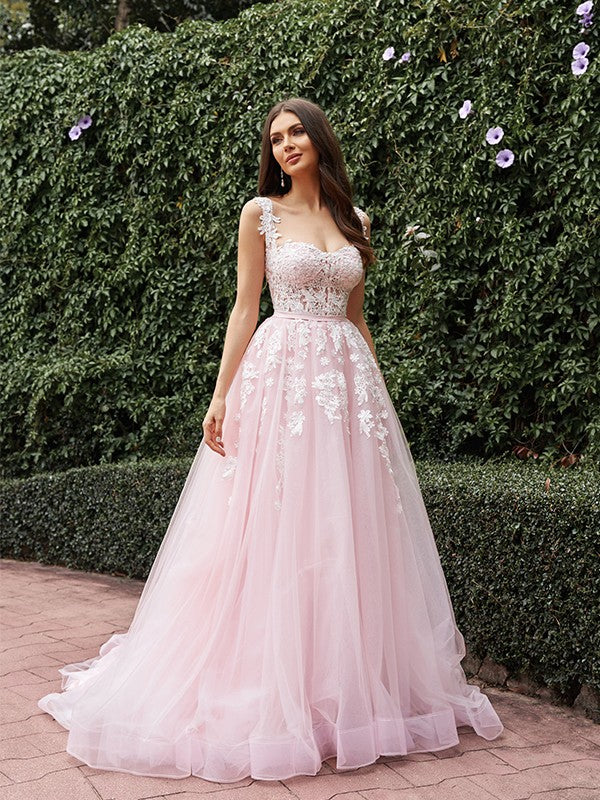 Vestidos de novia de corte A/princesa, con tul, apliques, tirantes, sin mangas y cola larga