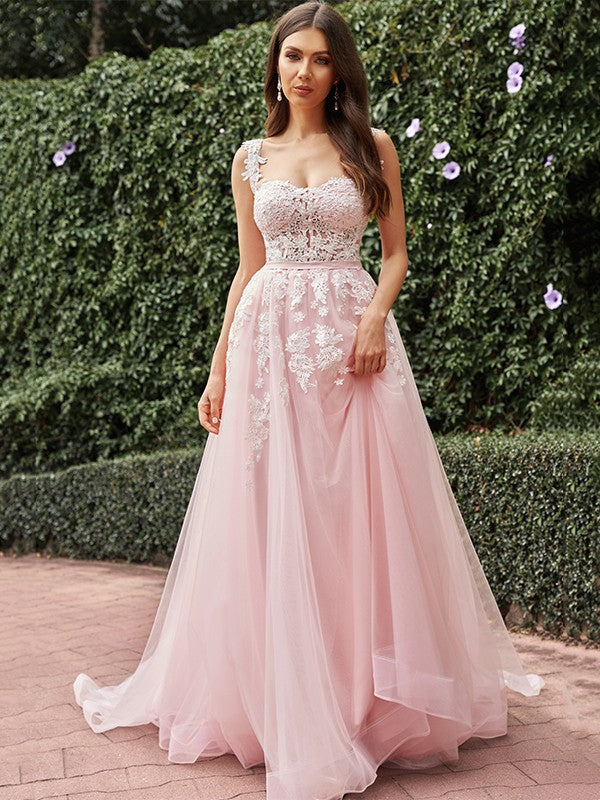 Vestidos de novia de corte A/princesa, con tul, apliques, tirantes, sin mangas y cola larga