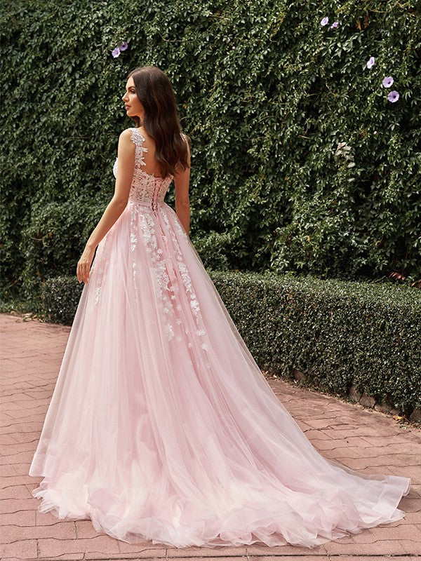 Vestidos de novia de corte A/princesa, con tul, apliques, tirantes, sin mangas y cola larga