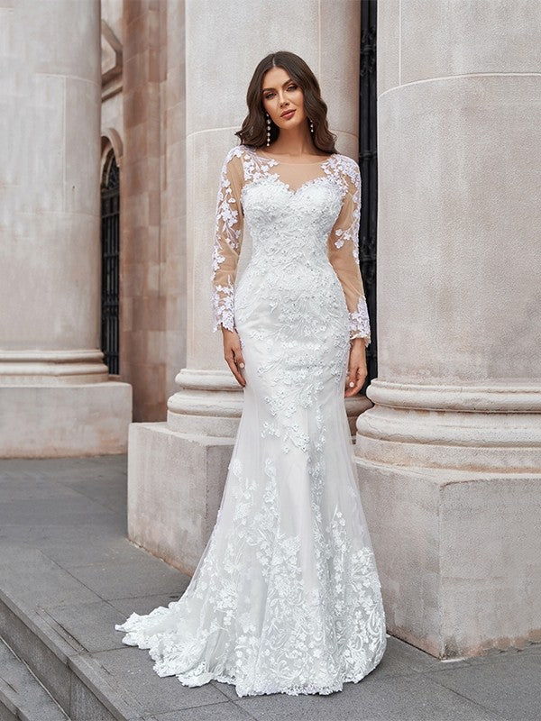 Vestidos de novia con corte trompeta/sirena, tul, apliques, escote redondo, mangas largas y cola larga