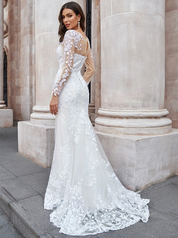 Vestidos de novia con corte trompeta/sirena, tul, apliques, escote redondo, mangas largas y cola larga