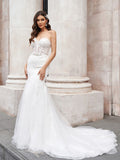 Vestidos de novia de tul con escote en forma de corazón, sin mangas, con apliques y cola de corte trompeta/sirena