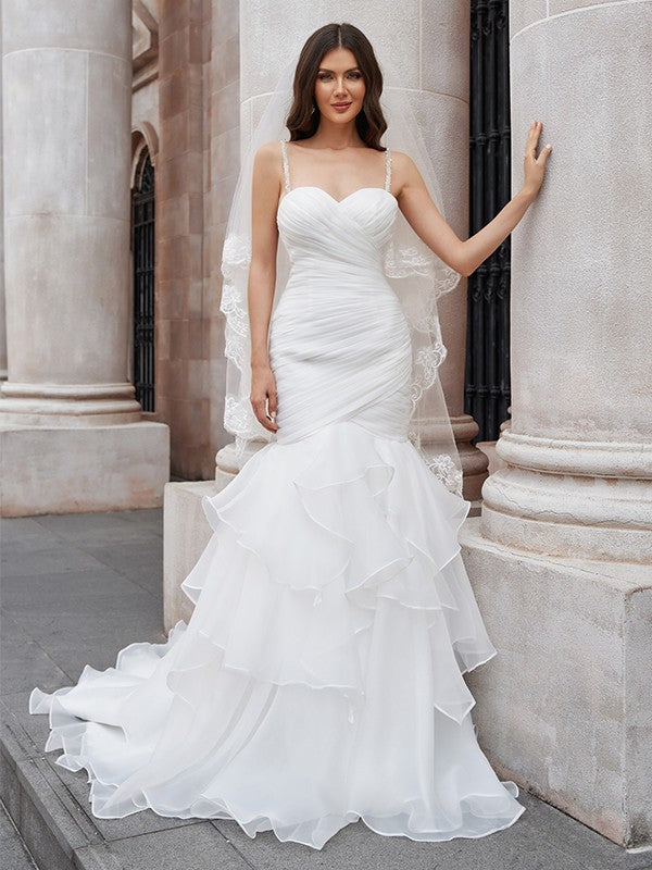Vestidos de novia de corte sirena/trompeta, capas, tirantes finos, organza, sin mangas, cola larga