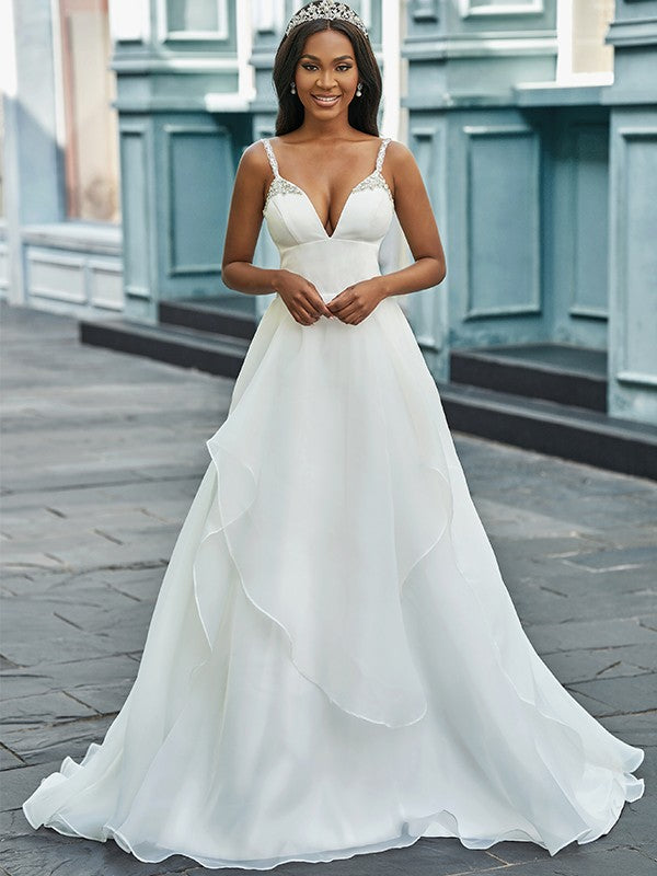 Vestidos de novia de corte A/princesa, escote en V, organza, sin mangas, con abalorios y cola larga