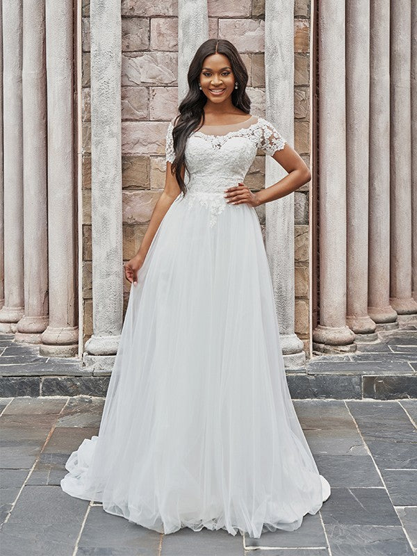 Vestidos de novia de corte A/princesa, escote redondo, tul, apliques, mangas cortas y cola larga