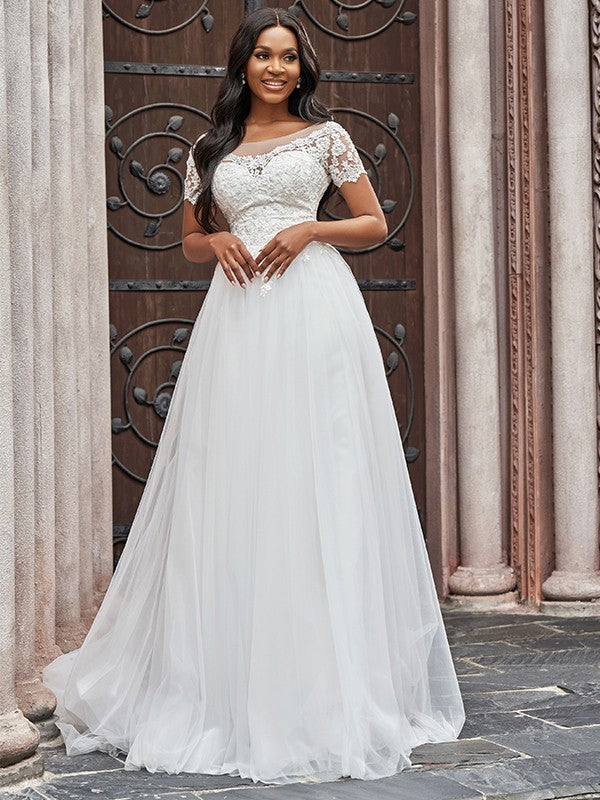 Vestidos de novia de corte A/princesa, escote redondo, tul, apliques, mangas cortas y cola larga