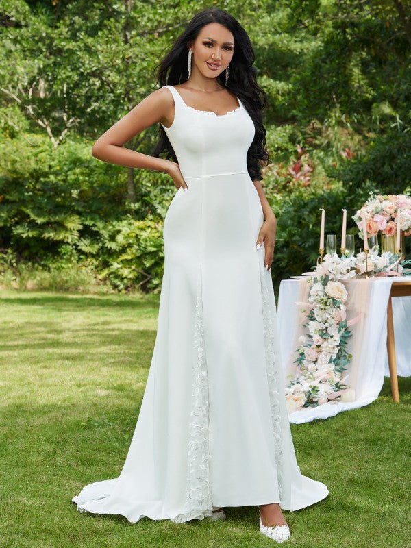 Vestidos de novia de corte A/princesa, con encaje, volantes, tirantes, sin mangas y cola larga