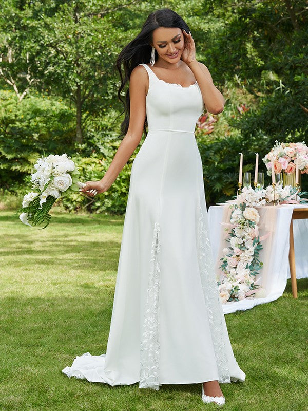 Vestidos de novia de corte A/princesa, con encaje, volantes, tirantes, sin mangas y cola larga