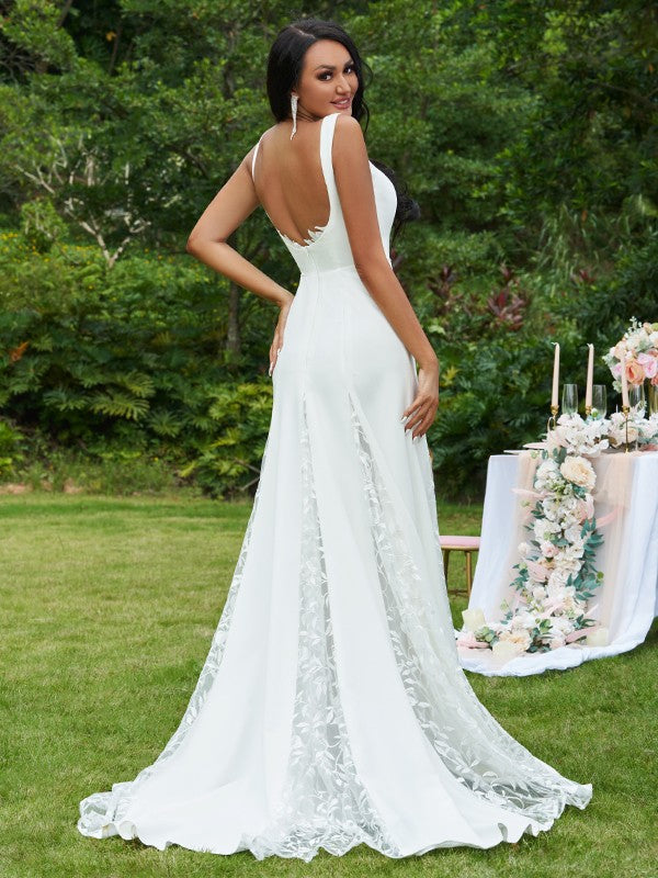 Vestidos de novia de corte A/princesa, con encaje, volantes, tirantes, sin mangas y cola larga