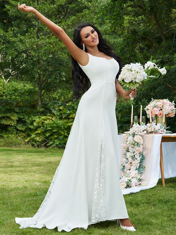 Vestidos de novia de corte A/princesa, con encaje, volantes, tirantes, sin mangas y cola larga