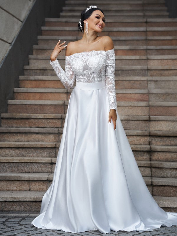 Vestidos de novia de corte A/princesa, satén, encaje, hombros descubiertos, mangas largas y cola larga