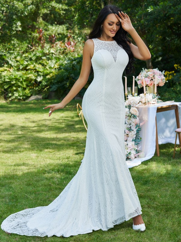 Vestidos de novia de corte trompeta/sirena con volantes, escote redondo, sin mangas y cola larga