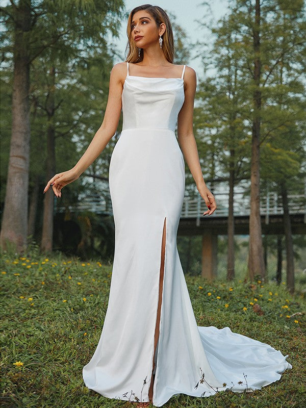 White Satin Sheath/column Floor-Length Cowl Neck Dress with High Slit