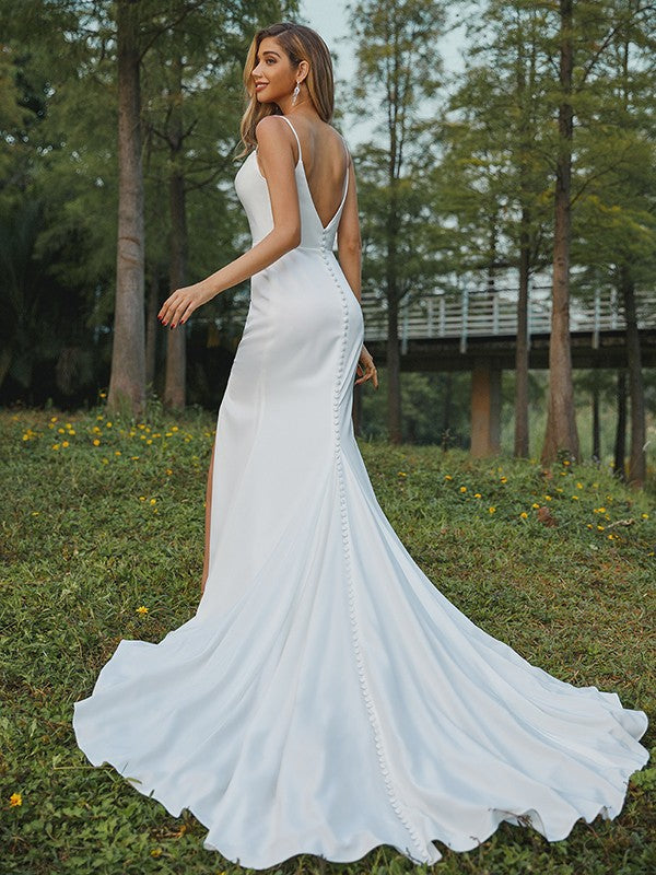 White Satin Sheath/column Floor-Length Cowl Neck Dress with High Slit