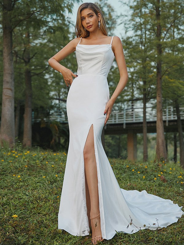 White Satin Sheath/column Floor-Length Cowl Neck Dress with High Slit