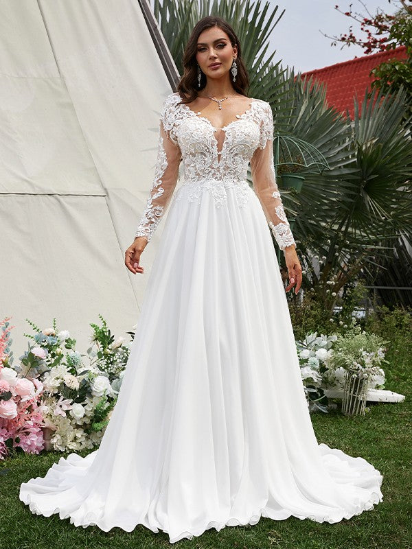 Vestidos de novia de corte A/princesa, de gasa, con apliques, escote en V, mangas largas y cola larga