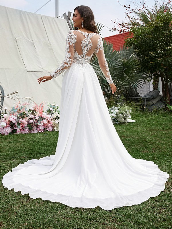 Abiti da sposa a trapezio/principessa in chiffon con applicazioni, scollo a V, maniche lunghe, strascico a ruota