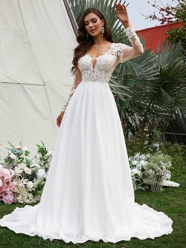 Vestidos de novia de corte A/princesa, de gasa, con apliques, escote en V, mangas largas y cola larga