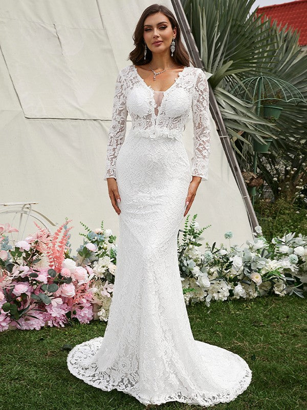 Vestido de novia con escote en V, mangas largas, cola larga y encaje, flores hechas a mano