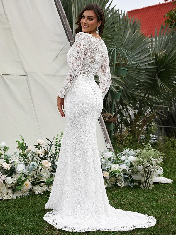 Vestido de novia con escote en V, mangas largas, cola larga y encaje, flores hechas a mano