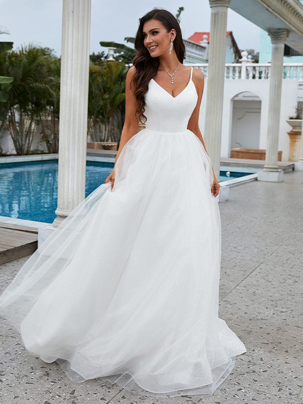 Vestidos de novia de corte A/princesa, con volantes, escote en V, sin mangas y cola larga