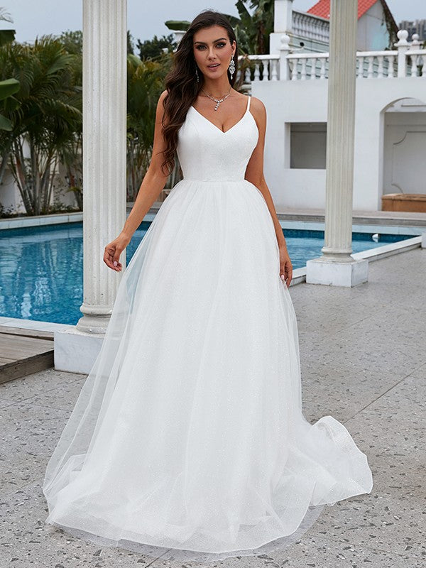 Vestidos de novia de corte A/princesa, con volantes, escote en V, sin mangas y cola larga