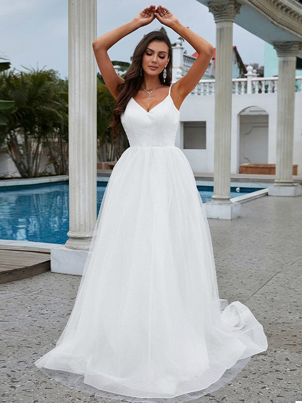 Vestidos de novia de corte A/princesa, con volantes, escote en V, sin mangas y cola larga