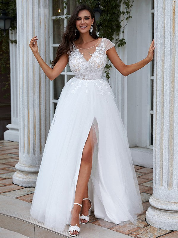 Vestidos de novia de corte A/princesa con apliques de encaje, escote redondo, mangas cortas y cola larga