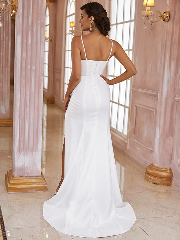 Sheath/Column  Crepe Ruched Spaghetti Straps Sleeveless Sweep/Brush Train Wedding Dresses