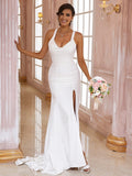 White Satin Mermaid Cowl Neck Floor-Length Bridesmaid Dress