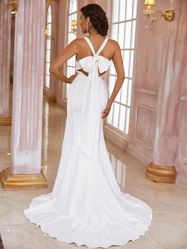 White Satin Mermaid Cowl Neck Floor-Length Bridesmaid Dress