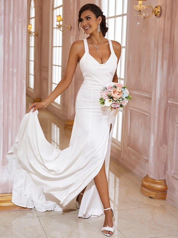 White Satin Mermaid Cowl Neck Floor-Length Bridesmaid Dress