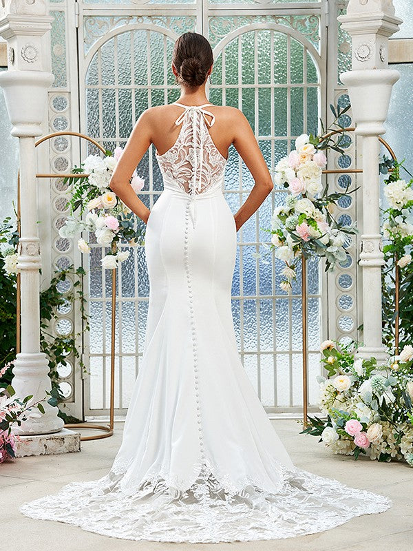 Abiti da sposa a tubino/colonna in crêpe di pizzo con spalline sottili, senza maniche, con strascico a ruota/spazzola