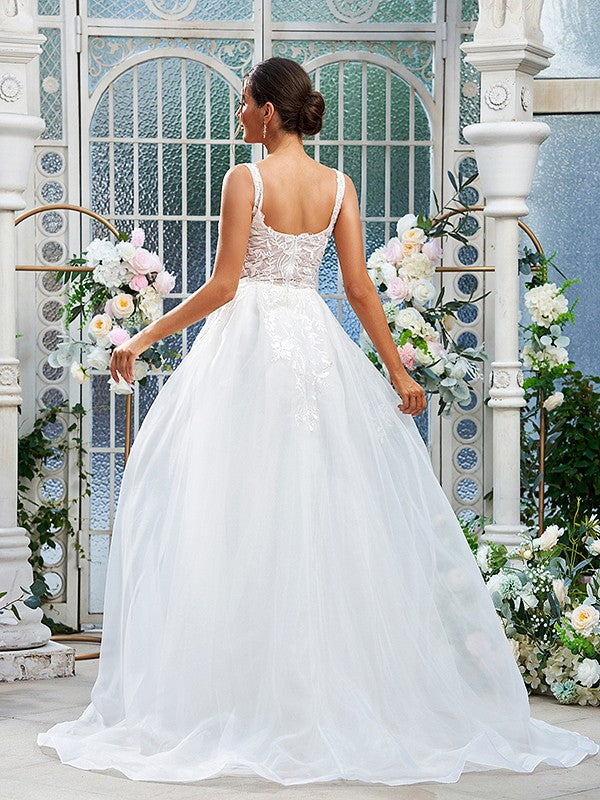 Vestidos de novia de corte A/princesa, con tirantes de encaje de organza, sin mangas y cola larga