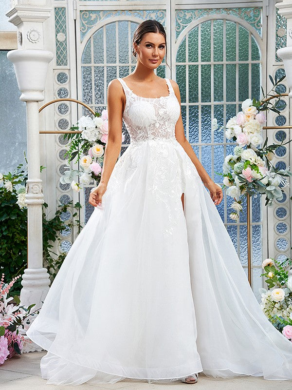 Vestidos de novia de corte A/princesa, con tirantes de encaje de organza, sin mangas y cola larga
