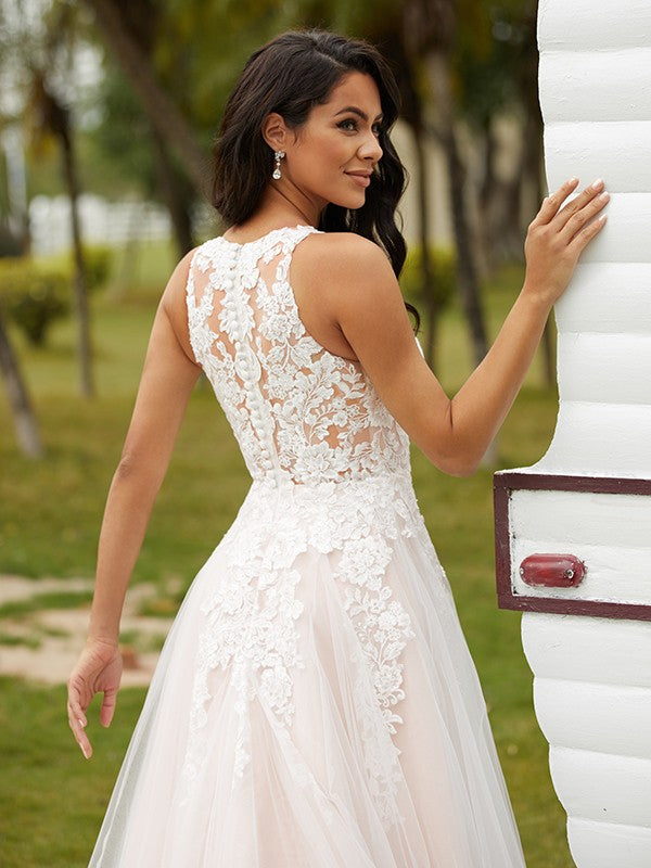 Vestidos de novia de corte A/princesa, de tul, encaje, escote en V, sin mangas y cola de corte