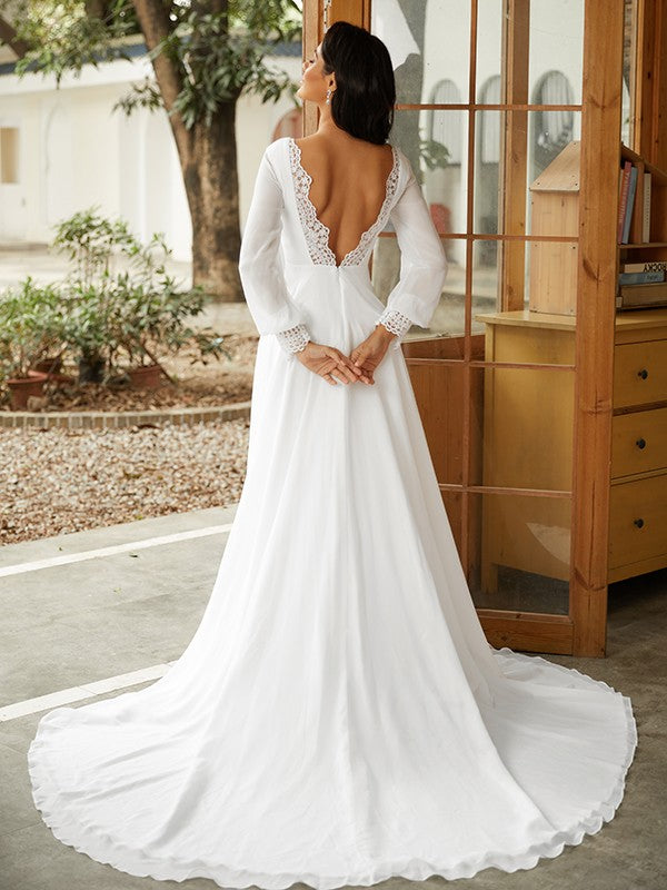 Abiti da sposa a trapezio/principessa in chiffon e pizzo con maniche lunghe e strascico