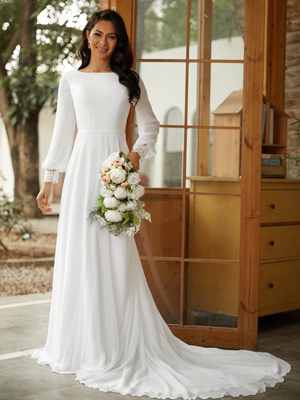 Abiti da sposa a trapezio/principessa in chiffon e pizzo con maniche lunghe e strascico
