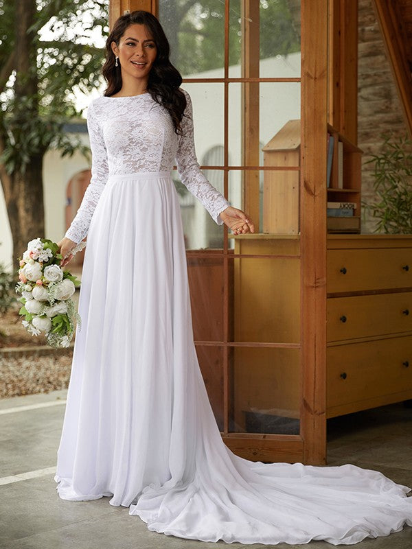 Abiti da sposa a trapezio/principessa in chiffon e pizzo con maniche lunghe e strascico a cattedrale