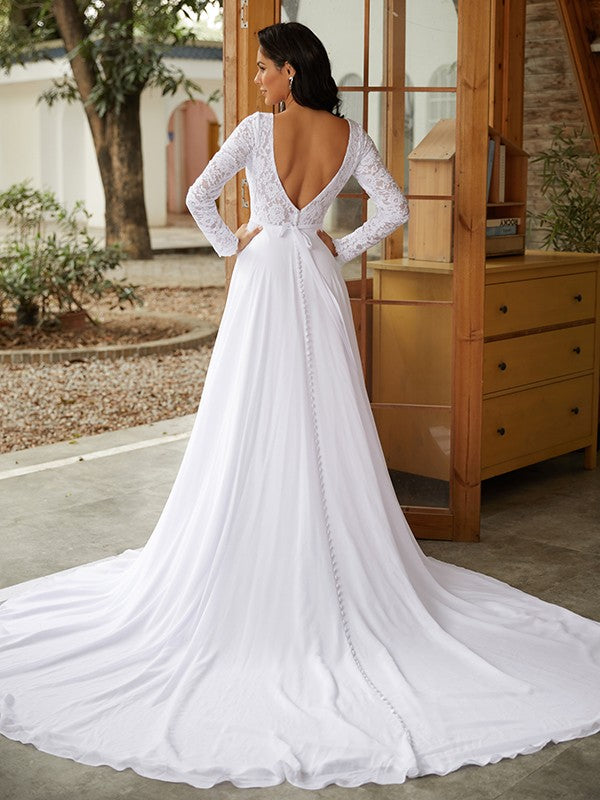 Abiti da sposa a trapezio/principessa in chiffon e pizzo con maniche lunghe e strascico a cattedrale