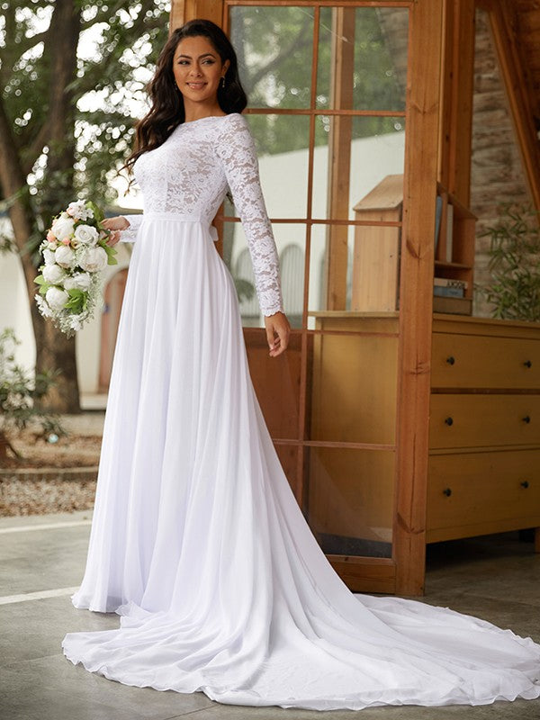 Abiti da sposa a trapezio/principessa in chiffon e pizzo con maniche lunghe e strascico a cattedrale