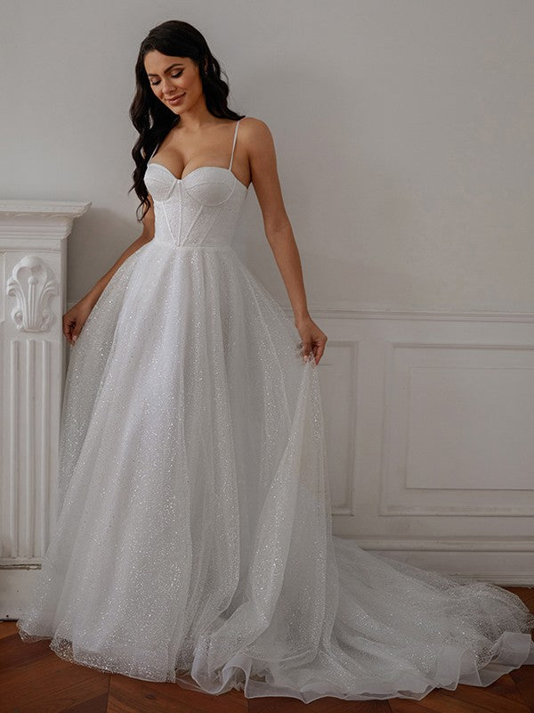 Vestidos de novia de corte A/princesa con volantes, tirantes finos, sin mangas y cola de corte