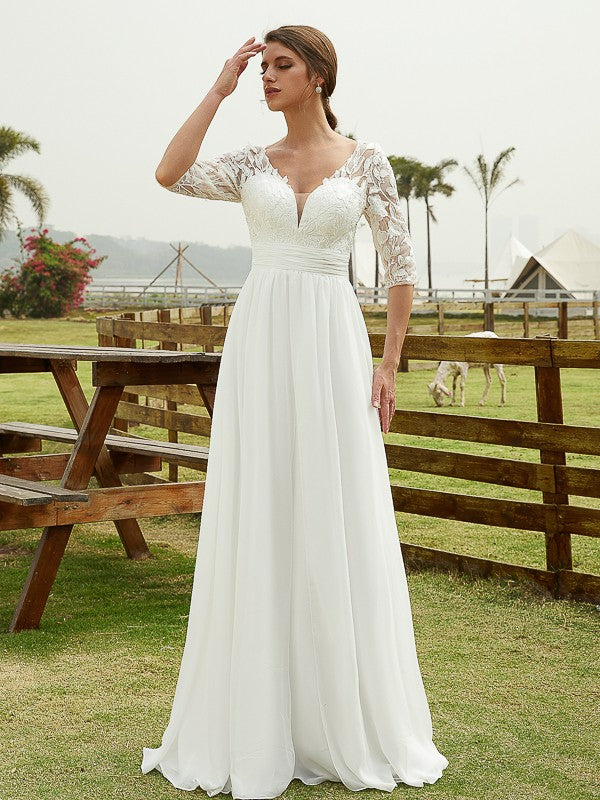 Abiti da sposa lunghi fino al pavimento, in chiffon, con scollo a V, maniche a 1/2, stile principessa/a
