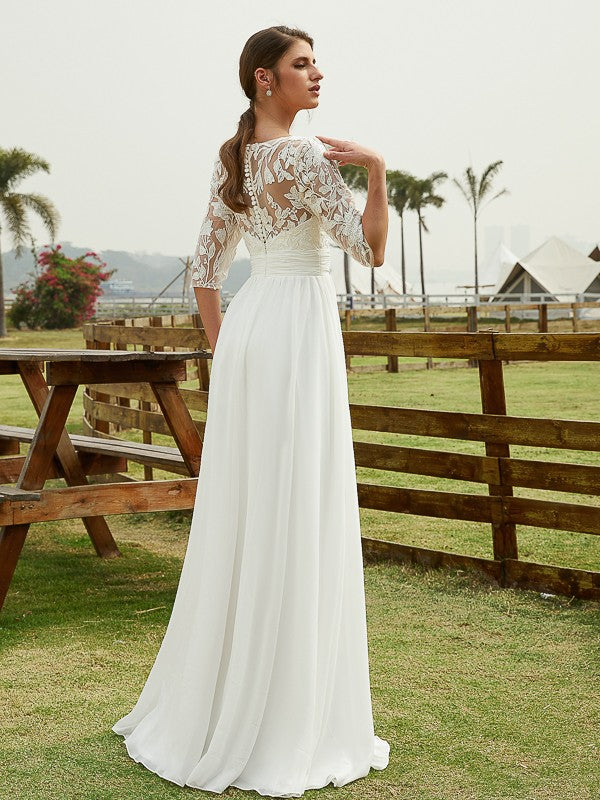 Abiti da sposa lunghi fino al pavimento, in chiffon, con scollo a V, maniche a 1/2, stile principessa/a